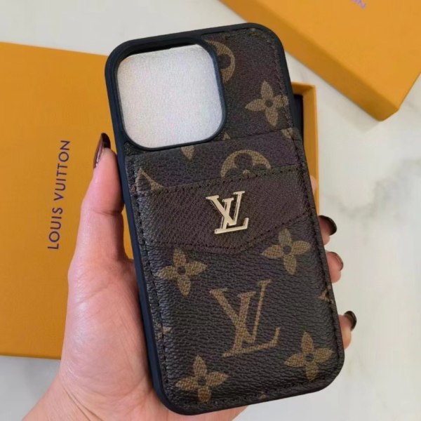LouisV-Style Monogram Leather Card Holder Phone Case for iPhone