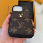 LouisV-Style Monogram Leather Card Holder Phone Case for iPhone - Image 6