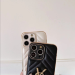 YSL Quilted Leather Phone Case with Metal Logo – Slim Luxury Protective Case for iPhone 11 to iPhone 17 - Image 3