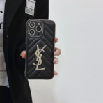 YSL Quilted Leather Phone Case with Metal Logo – Slim Luxury Protective Case for iPhone 11 to iPhone 17 - Image 5
