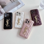 YSL Quilted Leather Phone Case with Metal Logo – Slim Luxury Protective Case for iPhone 11 to iPhone 17