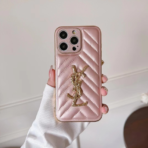 YSL Quilted Leather Phone Case with Metal Logo – Slim Luxury Protective Case for iPhone 11 to iPhone 17 - Image 11