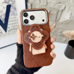 LouisV Luxury Monogram Leather iPhone Case with 3D Floral Charm – Designer Inspired Premium Cover - Image 3